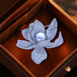 Ghim Trâm Cài Áo Hoa Sen Bạc Đính Đá zircon Thanh Lịch Sang Trọng Phong Cách Mới Cho Nam nữ (4.5cm)