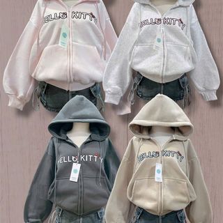 Áo khoác nữ thêu Hellokity nón to, có túi trong, tay phồng freesize