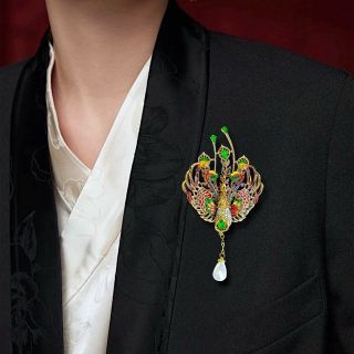 Ghim Trâm Cài Áo Phượng hoàng Xanh Lá Đính Hạt Trai Sang Trọng Phong Cách Trung Hoa Dành Cho Nam nữ (10.5cm)