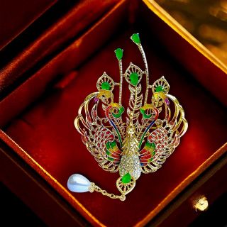 Ghim Trâm Cài Áo Phượng hoàng Xanh Lá Đính Hạt Trai Sang Trọng Phong Cách Trung Hoa Dành Cho Nam nữ (10.5cm)