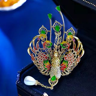 Ghim Trâm Cài Áo Phượng hoàng Xanh Lá Đính Hạt Trai Sang Trọng Phong Cách Trung Hoa Dành Cho Nam nữ (10.5cm)