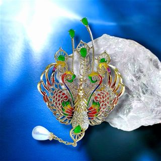 Ghim Trâm Cài Áo Phượng hoàng Xanh Lá Đính Hạt Trai Sang Trọng Phong Cách Trung Hoa Dành Cho Nam nữ (10.5cm)