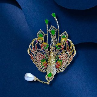 Ghim Trâm Cài Áo Phượng hoàng Xanh Lá Đính Hạt Trai Sang Trọng Phong Cách Trung Hoa Dành Cho Nam nữ (10.5cm)