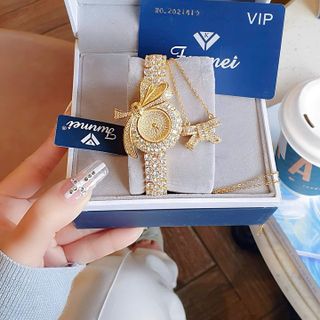 SET ĐỒNG HỒ NỮ CHÍNH HÃNG FUNMEI MẶT NƠ FULL ĐÁ FULLBOX TEM