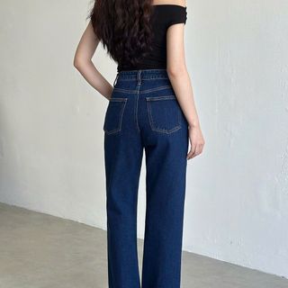 Quần Jeans Nữ Lưng Cao Ống Suông Rộng Màu Xanh Đậm L-03