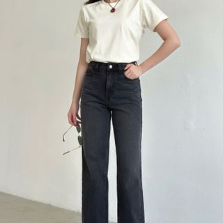 Quần Jeans Nữ Lưng Cao Ống Suông Rộng Màu Xám Đen L-07