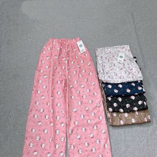 Quần Dài Ống Rộng Họa Tiết Mèo Hello Kitty Dễ Thương, Chất Vải Lụa Mềm Mịn Thoáng Thoải Mái Freesize dưới 63kg