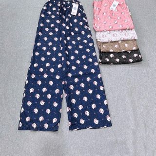 Quần Dài Ống Rộng Họa Tiết Mèo Hello Kitty Dễ Thương, Chất Vải Lụa Mềm Mịn Thoáng Thoải Mái Freesize dưới 63kg