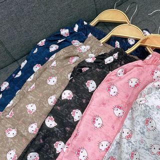 Quần Dài Ống Rộng Họa Tiết Mèo Hello Kitty Dễ Thương, Chất Vải Lụa Mềm Mịn Thoáng Thoải Mái Freesize dưới 63kg