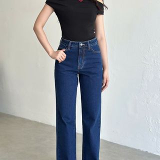 Quần Jeans Nữ Lưng Cao Ống Suông Rộng Màu Xanh Đậm L-03