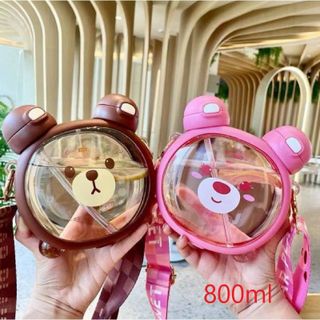 Bình nước nhựa gấu 2 ống hút 800ml