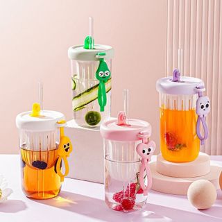 Cốc thủy tinh có nắp đậy ống hút 500ml