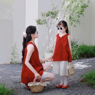 [Gía mở bán] Set bộ mẹ và bé - áo viền bèo dáng dài kèm quần ống suông