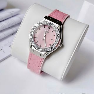 ĐỒNG HỒ NỮ CAO CẤP HUPLOT PINK 1 NIỀNG ĐÁ DÂY CAO SU BỌC DA