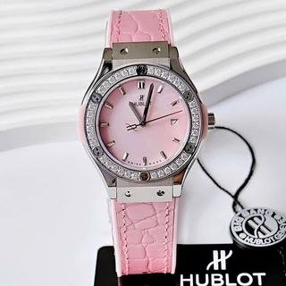 ĐỒNG HỒ NỮ CAO CẤP HUPLOT PINK 1 NIỀNG ĐÁ DÂY CAO SU BỌC DA