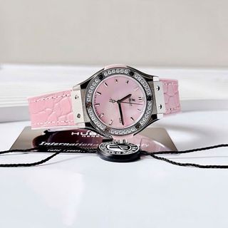ĐỒNG HỒ NỮ CAO CẤP HUPLOT PINK 1 NIỀNG ĐÁ DÂY CAO SU BỌC DA