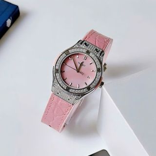 ĐỒNG HỒ NỮ CAO CẤP HUPLOT PINK NIỀNG FULL ĐÁ DÂY CSU BỌC DA