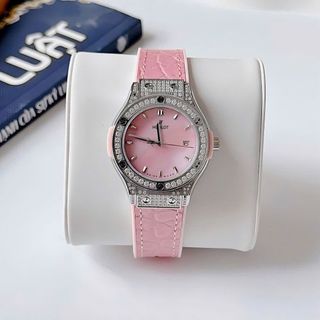 ĐỒNG HỒ NỮ CAO CẤP HUPLOT PINK NIỀNG FULL ĐÁ DÂY CSU BỌC DA