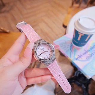 ĐỒNG HỒ NỮ CAO CẤP HUPLOT PINK NIỀNG FULL ĐÁ DÂY CSU BỌC DA