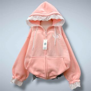 Áo khoác nữ chất nỉ bông mũ phối ren