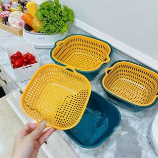 Set 6 món rổ kèm chậu bộ 3 rổ và chậu, thau nhựa rửa rau củ đựng hoa quả trái cây 2 lớp chất liệu nhựa PP