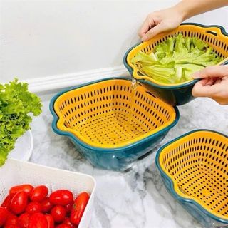 Set 6 món rổ kèm chậu bộ 3 rổ và chậu, thau nhựa rửa rau củ đựng hoa quả trái cây 2 lớp chất liệu nhựa PP