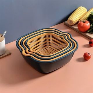 Set 6 món rổ kèm chậu bộ 3 rổ và chậu, thau nhựa rửa rau củ đựng hoa quả trái cây 2 lớp chất liệu nhựa PP