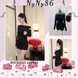 TB77 Đầm body tăm gân nhún eo dài tay trễ vai đính hoa sang chảnh freesize 40-55kg