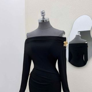 TB77 Đầm body tăm gân nhún eo dài tay trễ vai đính hoa sang chảnh freesize 40-55kg