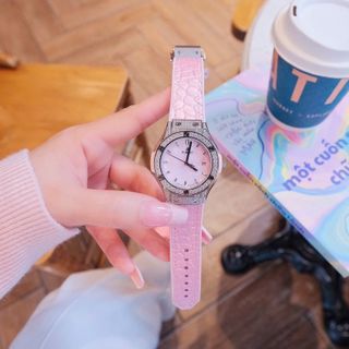 ĐỒNG HỒ NỮ CAO CẤP HUPLOT FUSHION NIỀNG ĐÁ FULL DÂY CAO SU BỌC DA HỒNG