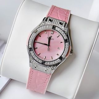 ĐỒNG HỒ NỮ CAO CẤP HUPLOT FUSHION NIỀNG ĐÁ FULL DÂY CAO SU BỌC DA HỒNG