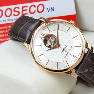 ĐỒNG HỒ NAM THỤY SĨ TIXOT DÂY DA KÍNH SAPHIRE LỘ MÁY MẶT TRẮNG VIỀN HỒNG AUTOMATIC