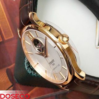 ĐỒNG HỒ NAM THỤY SĨ TIXOT DÂY DA KÍNH SAPHIRE LỘ MÁY MẶT TRẮNG VIỀN HỒNG AUTOMATIC