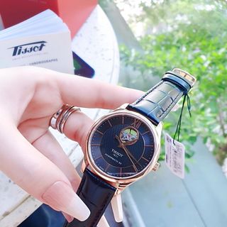 ĐỒNG HỒ NAM THỤY SĨ TIXOT DÂY DA KÍNH SAPHIRE LỘ MÁY MẶT ĐEN VIỀN HỒNG AUTOMATIC
