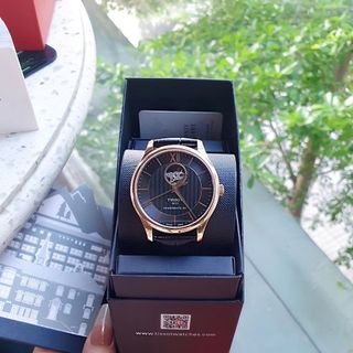ĐỒNG HỒ NAM THỤY SĨ TIXOT DÂY DA KÍNH SAPHIRE LỘ MÁY MẶT ĐEN VIỀN HỒNG AUTOMATIC