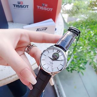ĐỒNG HỒ NAM THỤY SĨ TIXOT DÂY DA KÍNH SAPHIRE LỘ MÁY MẶT TRẮNG VIỀN BẠC AUTOMATIC
