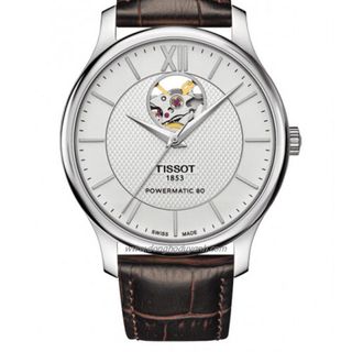 ĐỒNG HỒ NAM THỤY SĨ TIXOT DÂY DA KÍNH SAPHIRE LỘ MÁY MẶT TRẮNG VIỀN BẠC AUTOMATIC