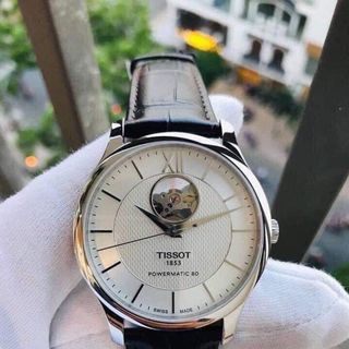 ĐỒNG HỒ NAM THỤY SĨ TIXOT DÂY DA KÍNH SAPHIRE LỘ MÁY MẶT TRẮNG VIỀN BẠC AUTOMATIC