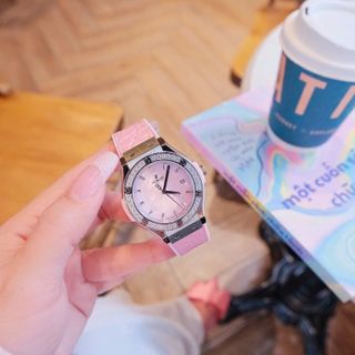 ĐỒNG HỒ NỮ CAO CẤP HUPLOT FUSHION 1 NIỀNG ĐÁ DÂY CAO SU BỌC DA HỒNG