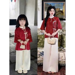 [Deal mở bán] Set đồ lam mẹ và bé - Aó gấm cổ tàu đính nơ kèm quàn phi lụa ống suông