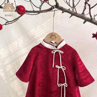 [Deal mở bán] Set đồ lam mẹ và bé - Aó gấm cổ tàu đính nơ kèm quàn phi lụa ống suông