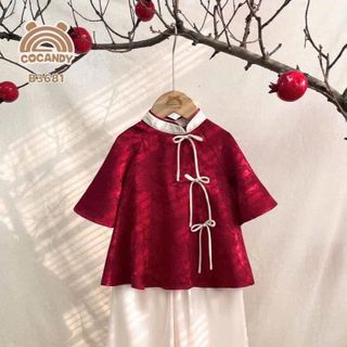 [Deal mở bán] Set đồ lam mẹ và bé - Aó gấm cổ tàu đính nơ kèm quàn phi lụa ống suông