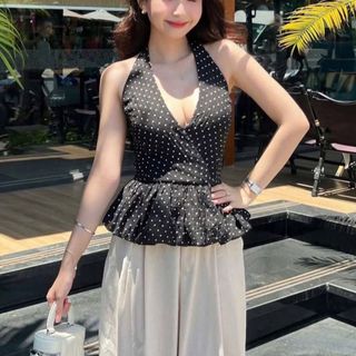 Set đồ bộ nữ áo quây chấm bi + quần suông lai bèo freesize 40-55kg mặc nhà, dạo phố TB115