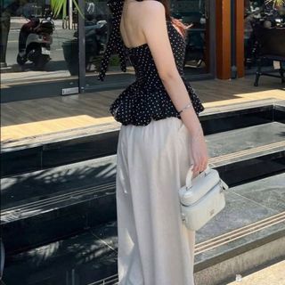 Set đồ bộ nữ áo quây chấm bi + quần suông lai bèo freesize 40-55kg mặc nhà, dạo phố TB115