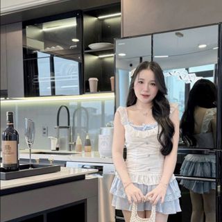 TB115 Set Đồ Nữ Áo Ren Hoa Cúp Ngực Mix Chân Váy Vân May Có Quần - Freesize 40-55kg | Set Đi Chơi, Dạo Phố,Hot Trend