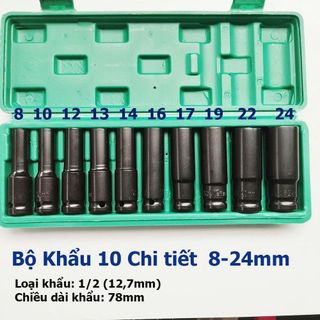BỘ 10 ĐẦU KHẨU TUÝP 12 DÙNG CHO MÁY SIẾT BULONG