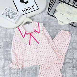 [Ảnh thật] Đồ bộ pijama viền bèo tay tiểu thư freesize 40 - 60kg vải đũi hàn siêu mềm mịn
