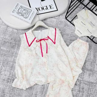 [Ảnh thật] Đồ bộ pijama viền bèo tay tiểu thư freesize 40 - 60kg vải đũi hàn siêu mềm mịn