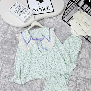 [Ảnh thật] Đồ bộ pijama viền bèo tay tiểu thư freesize 40 - 60kg vải đũi hàn siêu mềm mịn