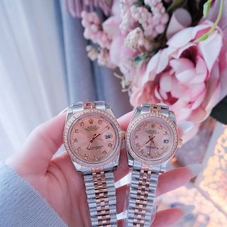 ĐỒNG HỒ NAM NỮ CAO CẤP RÔLET DÂY THÉP MẶT HỒNG NÂU VIỀN HỘT